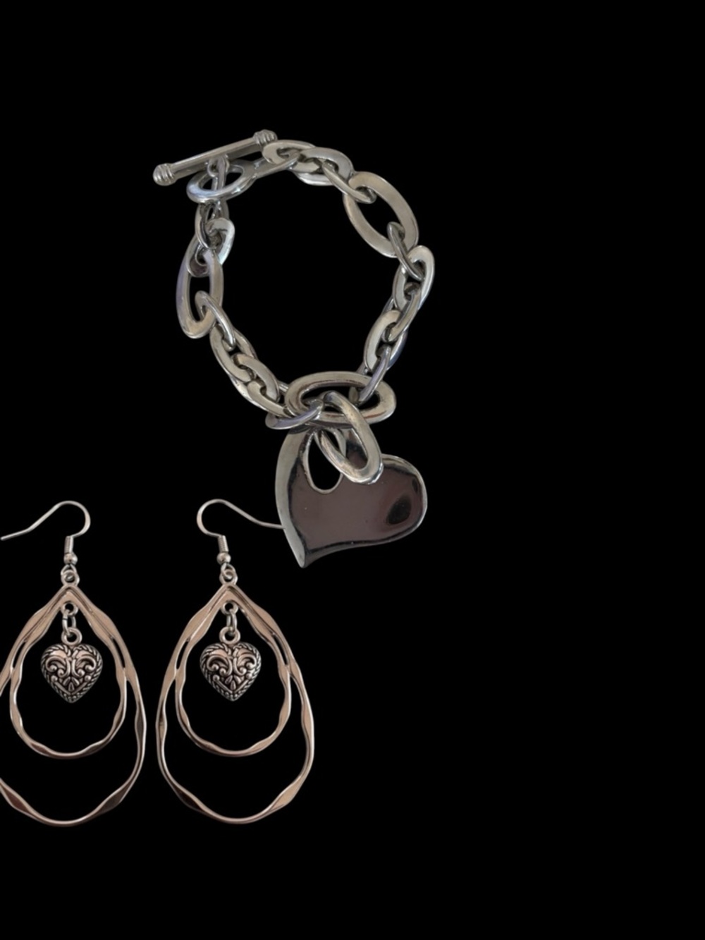 Fashion Jewelry Silver Heart Charm Bracelet with Matching Drop Earrings